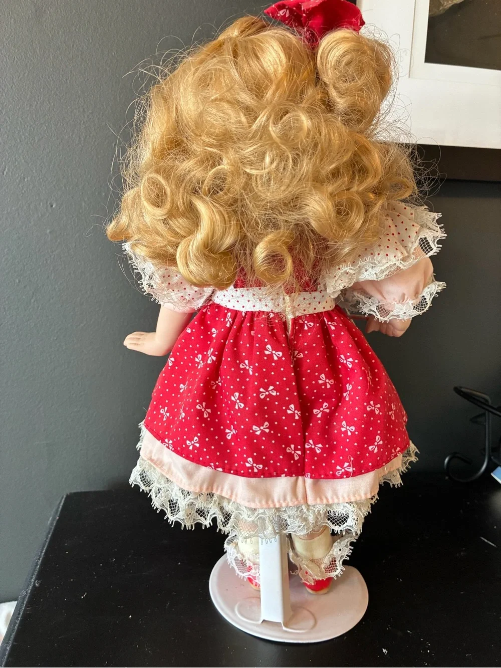 Vintage Red Polka-Trim Girl porcelain Doll with Blonde Hair